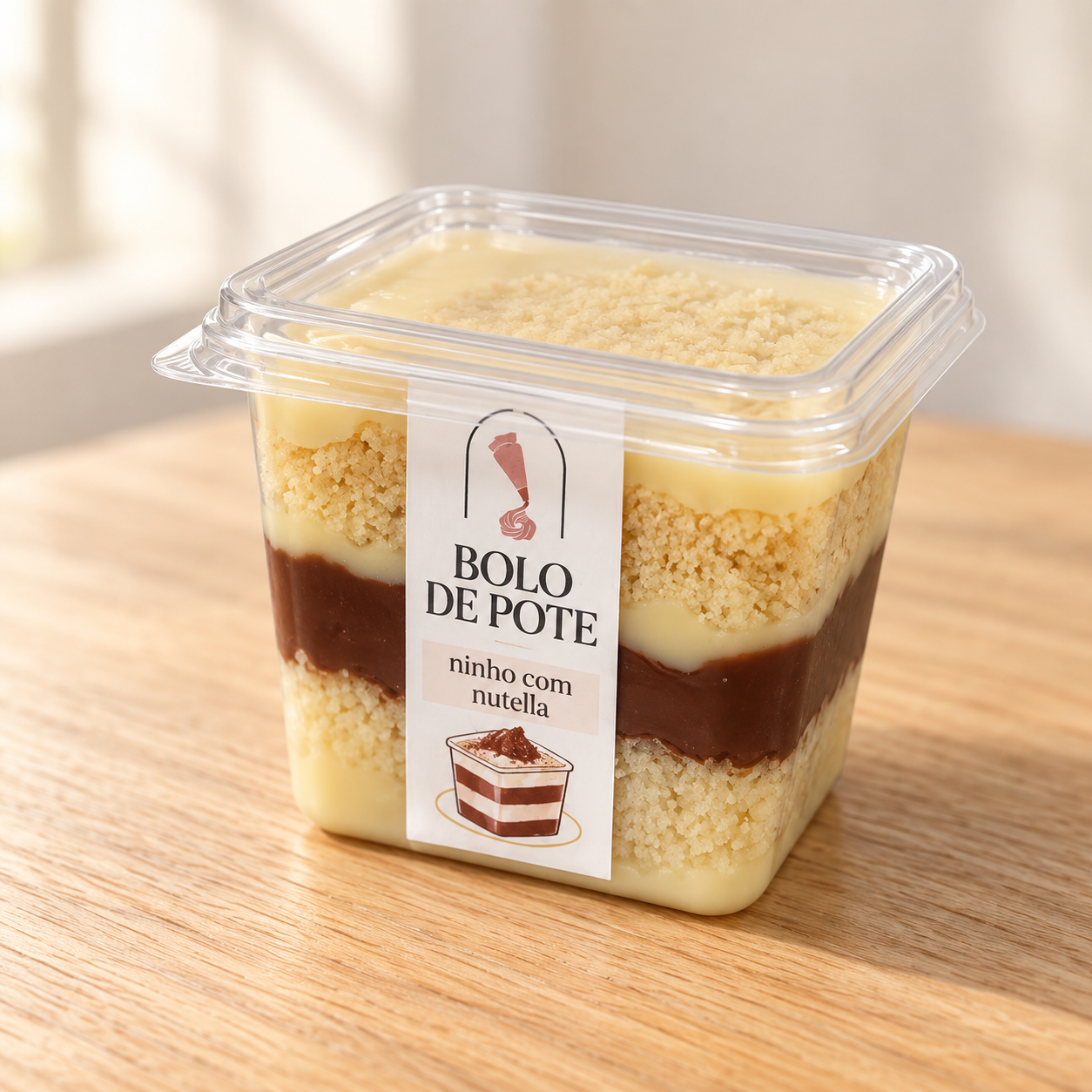 Bolo Ninho com Nutella em pote, sobre uma mesa de madeira